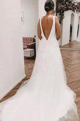 Ivory Tulle Lace Deep V-neck Wedding Dresses With Train, Bridal Gowns